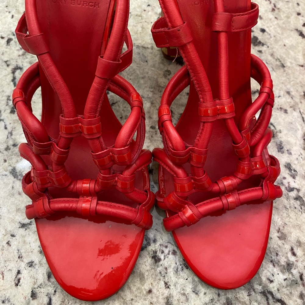 Tory Burch Red checkered Block Heel Sandals